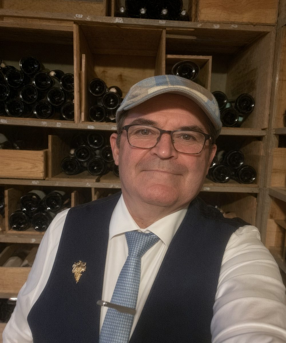 Christophe Bonno dans une cave à vin, casquette et gilet, grappe dorée au revers